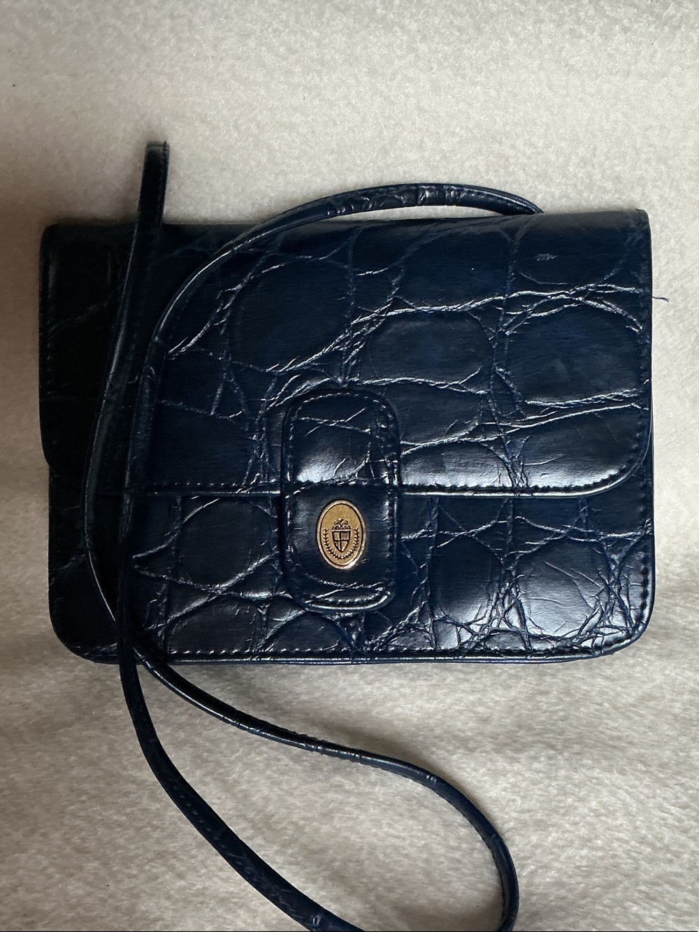 Ponte Vecchio Navy Croc-Embossed Leather Crossbody Bag with Gold-Tone Clasp